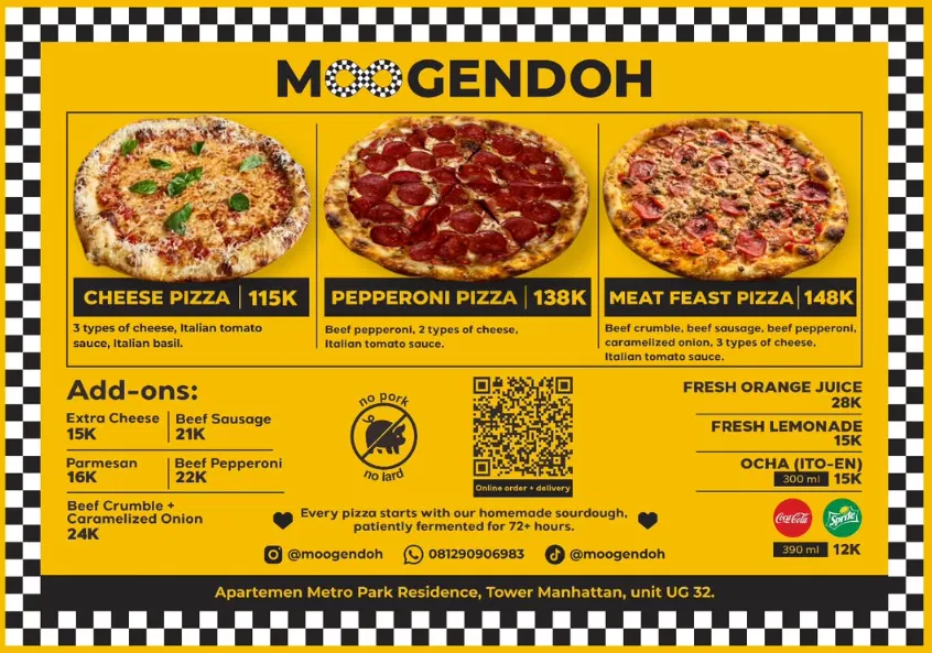 MOOGENDOH full pizza, add-ons, and drinks menu
